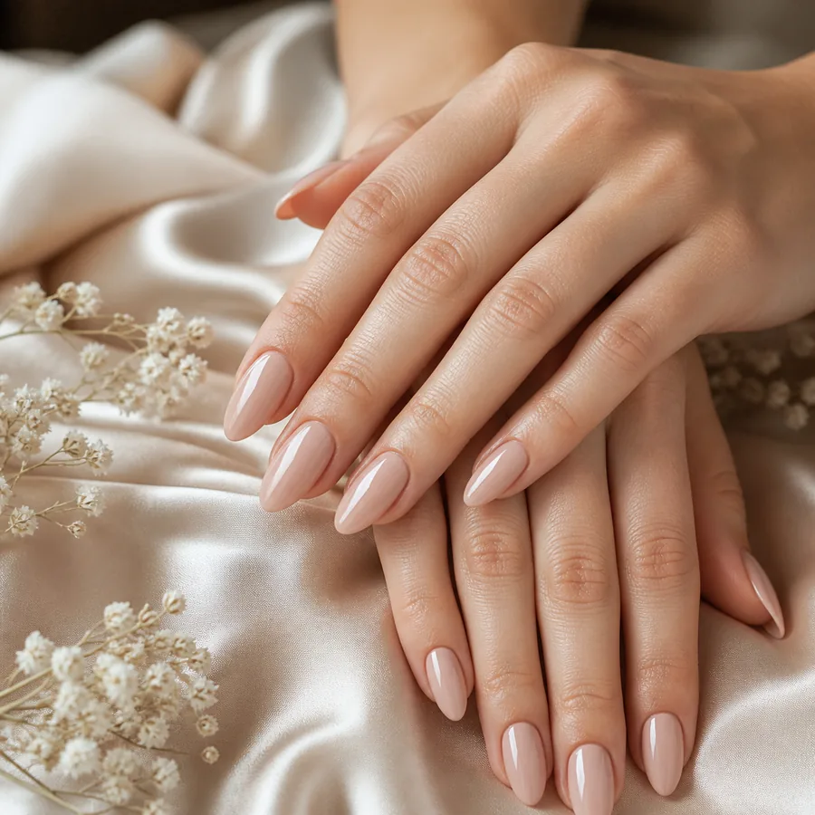 Elegante Nude Nails auf champagnerfarbener Seide