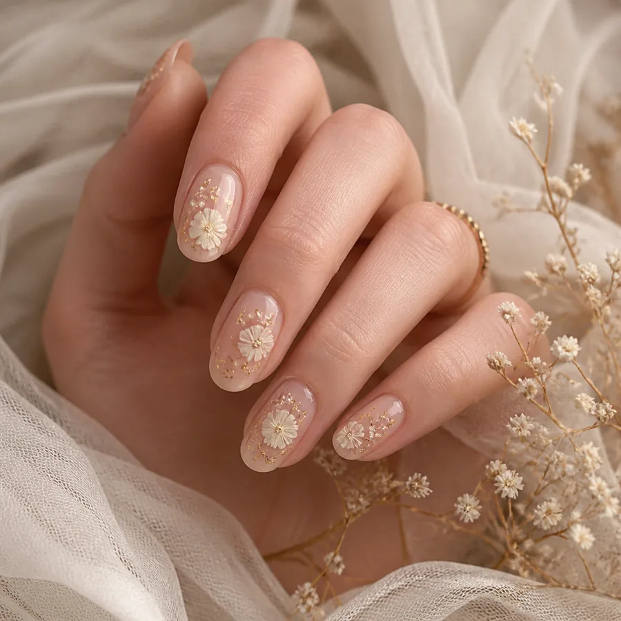Florales Nail Art in Nude und Gold